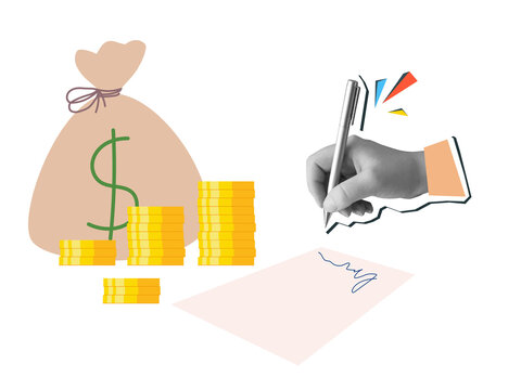 Hand putting signature on paper document with stacks of coins and bag of money on background - deal concept. Modern collage style. Illustration on a transparent background