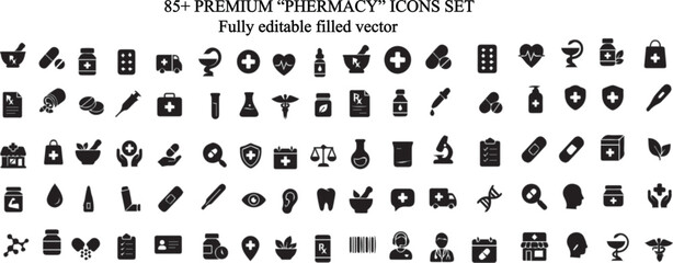 Fototapeta premium Professional Pharmacy Icons Set – Medical & Healthcare Vector Collection.Perfect for hospital apps, pharmacy websites, healthcare presentations, medicine packaging, UI/UX projects, infographics, & web