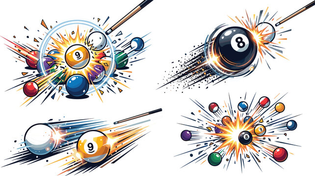 
Billiard Pool Ball Action Vector Set with Dynamic Cue Stick, Eight Ball, Explosion, Splash, and Colorful Snooker Game Impact Design 