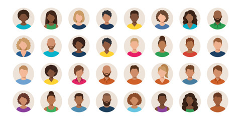 Diverse people avatar icon set for user profile and business team   Flat vector illustration of multicultural headshot portraits © Stocklume