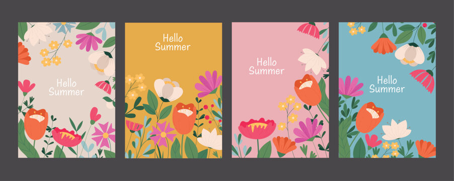 Collection of bright cards with abstract wildflowers and the text "Hello Summer". Vector illustration