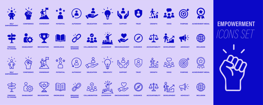 Empowerment icon set with confidence, leadership, achievement, support, motivation and personal growth concepts in monochrome blue style