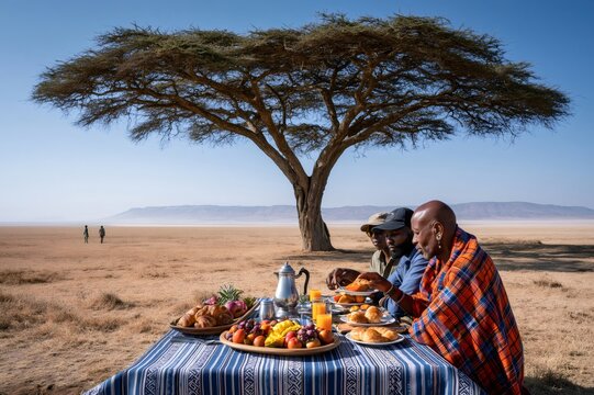 African family enjoying outdoor breakfast under a savanna acacia tree