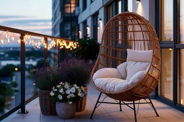 Naklejka premium Cozy balcony evening with hanging swing chair and decorative lights