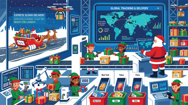 
Futuristic Santa Claus Command Center with Elves Packing Gifts, World Map Tracking Screen, Drone, and Sleigh Launch Pad for Christmas Tech Designs
