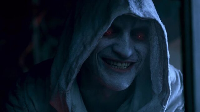 Nightmare Persona: A hooded figure with an eerie smile and glowing eyes lurks in the shadows, creating a sense of dread and suspense.