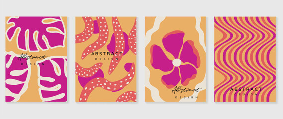 Naklejka premium Abstract botanical poster set vector. Colorful organic floral shapes, line art leaves and geometric circles design for wall art, summer ads, gallery print, cover and modern decor.