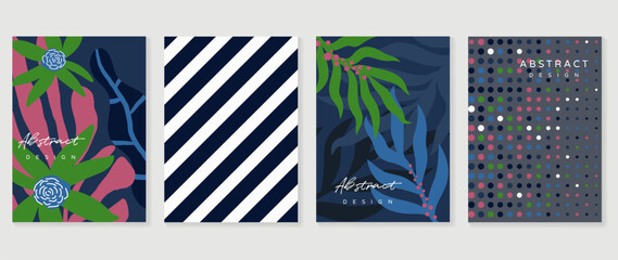 Naklejka premium Abstract botanical poster set vector. Colorful organic floral shapes, line art leaves and geometric circles design for wall art, summer ads, gallery print, cover and modern decor.