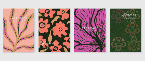 Naklejka premium Abstract botanical poster set vector. Colorful organic floral shapes, line art leaves and geometric circles design for wall art, summer ads, gallery print, cover and modern decor.