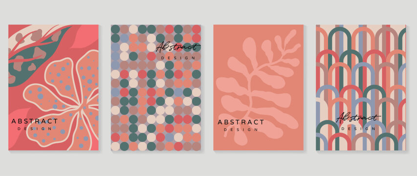 Abstract botanical poster set vector. Colorful organic floral shapes, line art leaves and geometric circles design for wall art, summer ads, gallery print, cover and modern decor.