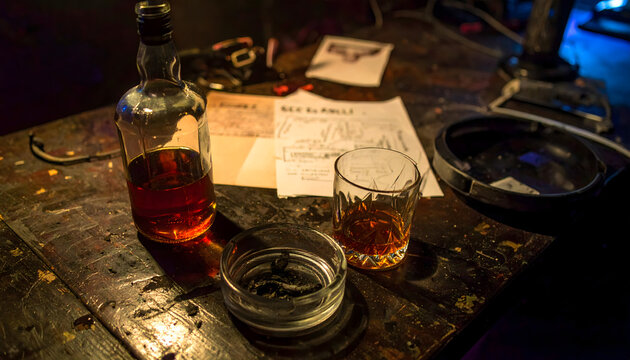 Cluttered table in a dingy backstage room with whiskey glass and crumpled setlist under harsh fluorescent lighting capturing rock aesthetic generative AI