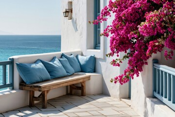 Naklejka premium Greek island terrace with aegean sea view
