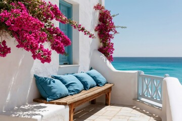 Naklejka premium Aegean sea view balcony with bougainvillea and comfortable bench