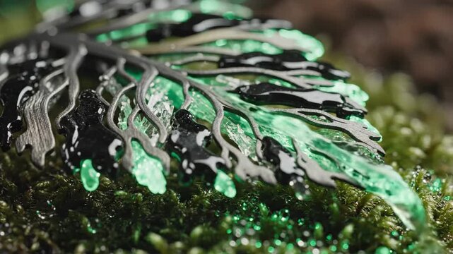 Macro shot of a detailed metal leaf sculpture coated in dripping green emerald resin resting on lush moss, highlighting jewelry making textures.