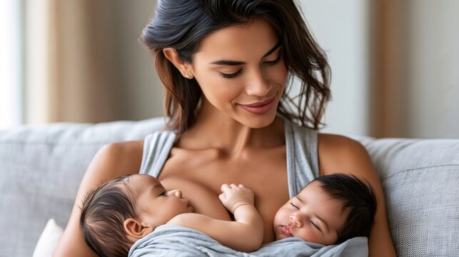 Mother breastfeeding newborn twins simultaneously for bonding and nutrition