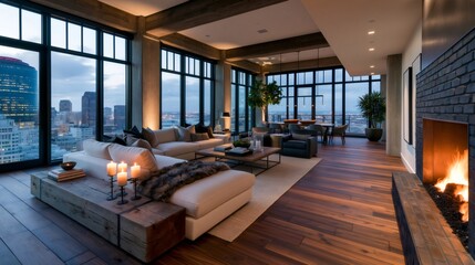 Fototapeta premium Luxurious penthouse interior with panoramic city view and modern fireplace