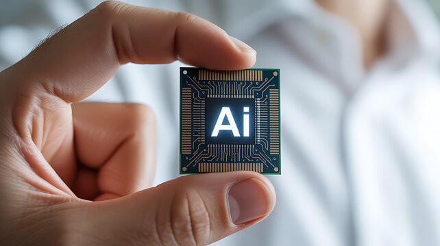 AI word on microchip and colorful light spread with strong beam , AI concept with copyspace banner background, Generative AI.
