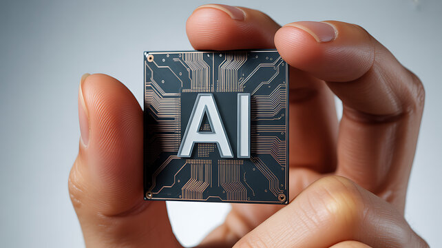 AI word on microchip and colorful light spread with strong beam , AI concept with copyspace banner background, Generative AI.
