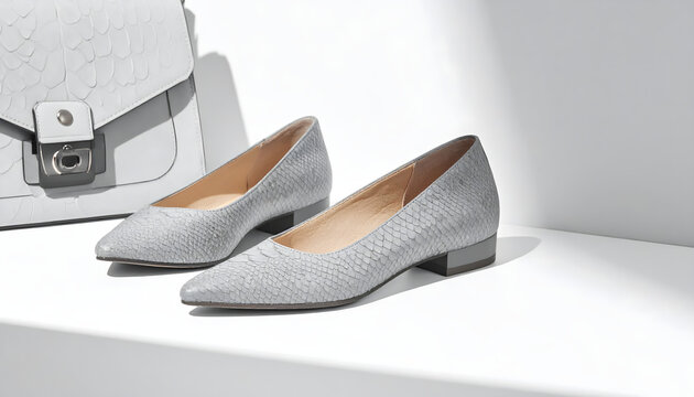 D Orsay flat shoe in grey faux python skin on a minimalist desk beside a handbag under soft professional lighting generative AI