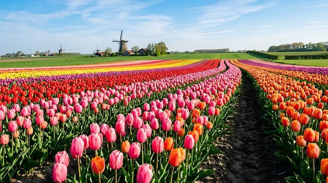 Colorful Tulip Field with Windmills Under Blue Sky in Spring