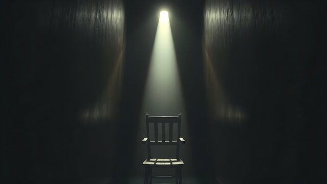 A narrow interrogation room with a single beam of light shining on an empty wooden chair.