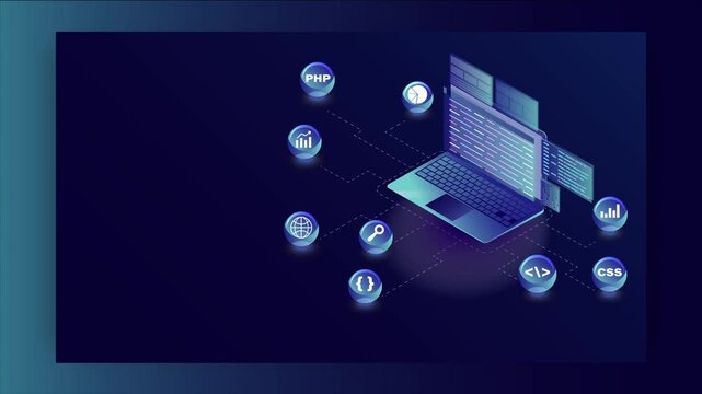 Isometric Web Development and Backend Programming Animation: Laptop with Code and Floating Tech Icons for PHP, CSS, and HTML on Dark Blue Background, Seamless Loop for Software Engineering.