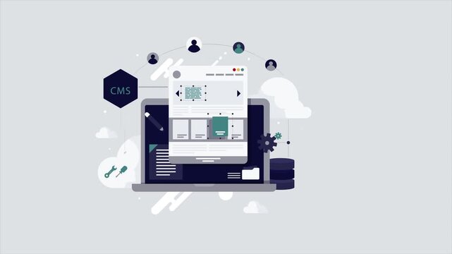 Content Management System (CMS) and Website Architecture Animation: Laptop with Dynamic Web Interface, Database, and User Network Icons, Seamless Loop for Backend Development.