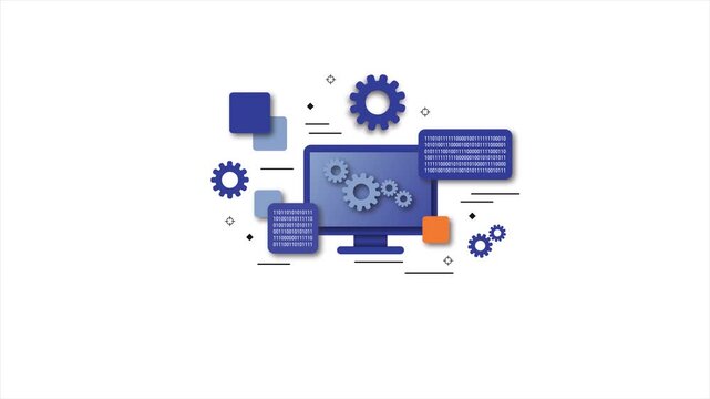 Website Backend Infrastructure and Data Processing Animation: Desktop Monitor with Rotating Gears and Binary Code for Technical Support and System Architecture, Seamless Loop.
