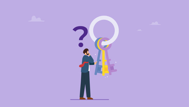 Businessman who is confused about choosing the correct key because he forgot his security key. Forgot passwords, account protection, ask questions concept.