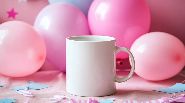 Blank White Coffee Mug Surrounded by Colorful Balloons and Festive Decorations