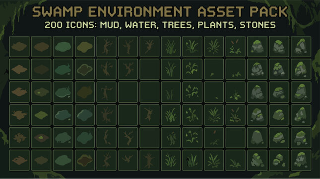 Pixel art swamp environment asset pack, 200 icons of mud water trees plants and stones, isometric game map construction kit in dark green