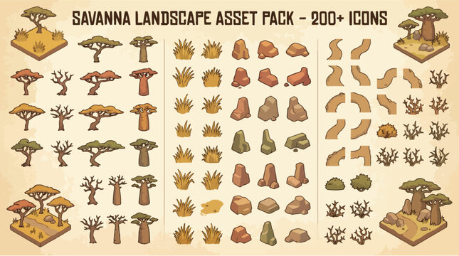 Savanna landscape asset pack with 200 icons, isometric African nature elements, flat vector trees and rocks for game design and map building