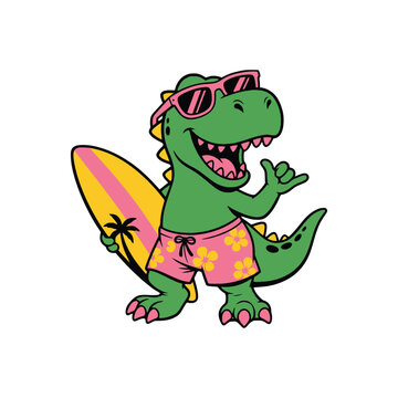 Happy cartoon dinosaur with surfboard and sunglasses at the beach, t rex