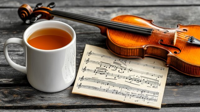 Warm Tea, Violin, and Music Sheet on Rustic Table for Relaxation and Inspiration