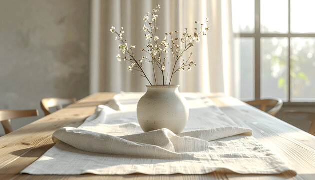 Linen table runner with a geometric pattern on a dining table with a ceramic vase in soft even minimalist light generative AI
