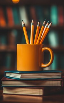 Bright Orange Mug Filled with Pencils on Stack of Colorful Books in Library Setting