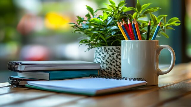 Vibrant Workspace with Notebooks, Potted Plant, and Colorful Pencils on Wooden Table