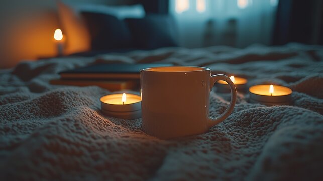 Cozy Evening Scene with Candlelight and a Warm Cup in a Relaxing Bedroom Setting