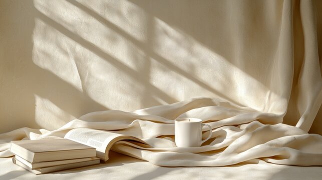 Soft Natural Light Capturing Minimalist Composition with Cup and Books on Fabric