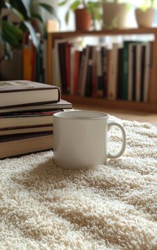 Cozy Living Room Scene with Coffee Mug and Stacked Books on a Soft Rug