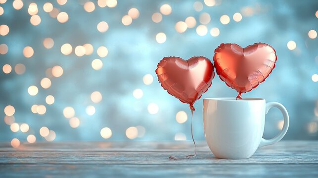 Romantic Heart Balloons in a White Mug with Blurred Background and Soft Lights