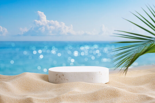 Tropical podium on summer background with palm leaf and sea for product display