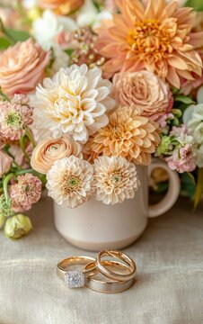 Elegant Floral Arrangement with Wedding Rings on Tabletop in Soft Natural Light