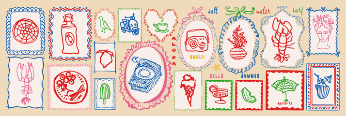 Summer beach vacation stamps in doodle sketch colorful style. Mediterranean holiday postal elements with lettering for postcard prints. Sea life vector illustrations for mail and stickers. © Anada77
