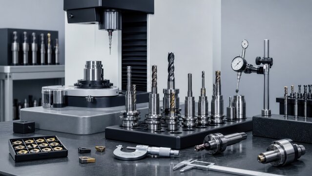 Workshop filled with various machining tools and equipment on a workbench for precision engineering tasks