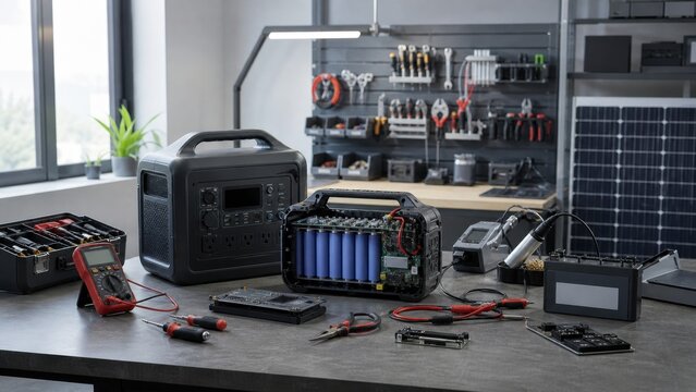 Various tools and equipment are arranged on a work table in a workshop where battery systems and electronics are repaired and modified during daytime
