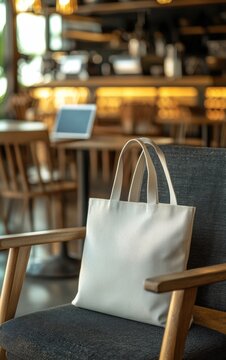 Cozy Coffee Shop Interior with Neutral Tote Bag on a Wooden Chair