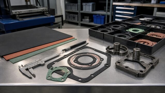 Parts and tools arranged on a workbench in a workshop for mechanical assembly during daytime hours