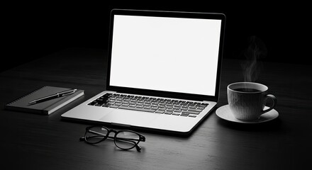 Fototapeta premium Laptop with blank screen on dark desk with coffee