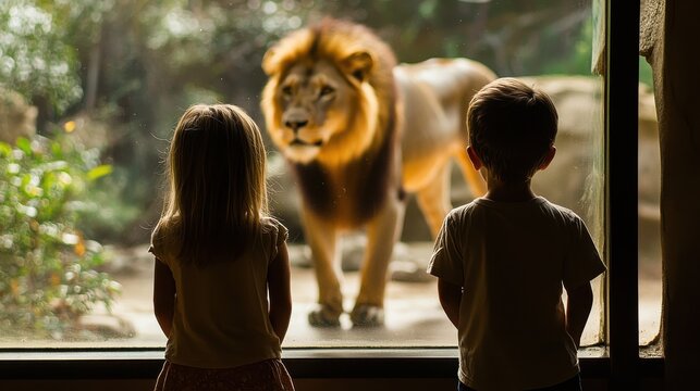 Two awestruck children watching a lion behind the glass